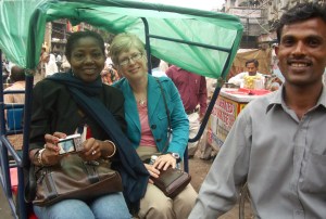Beth, Funke, and bicycle rickshaw driver in Old Delhi